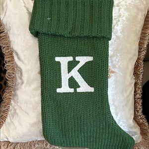 Green Knit Holiday Stocking with White Initial